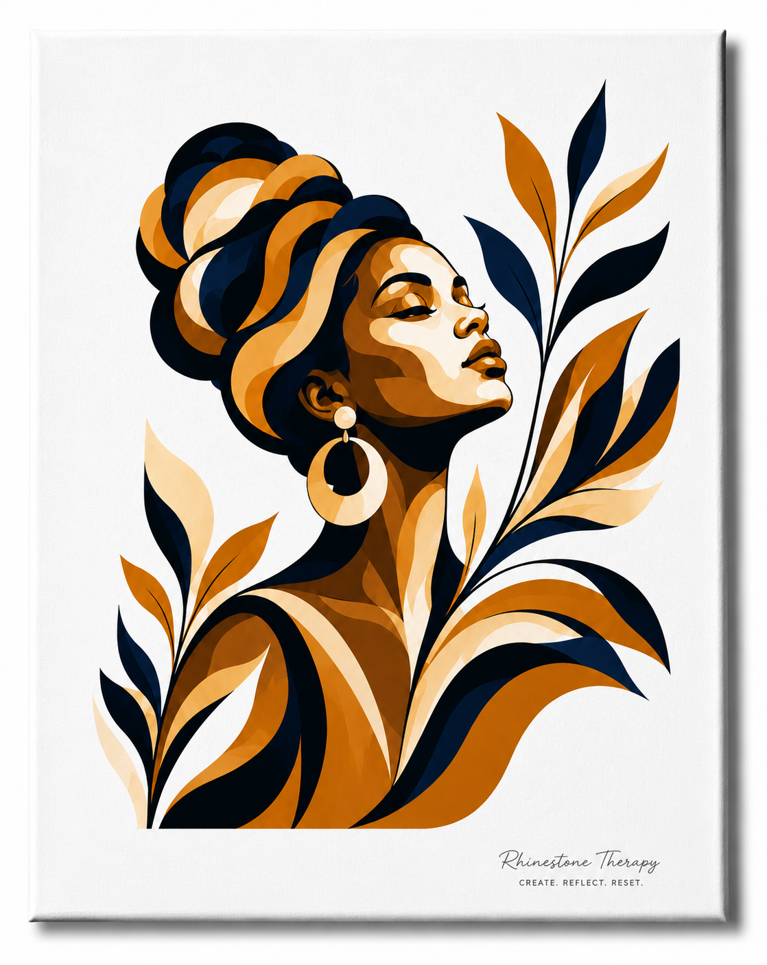 Golden Hour Rhinestone Therapy canvas featuring a serene Black woman surrounded by flowing navy, gold, caramel and cream botanical elements.