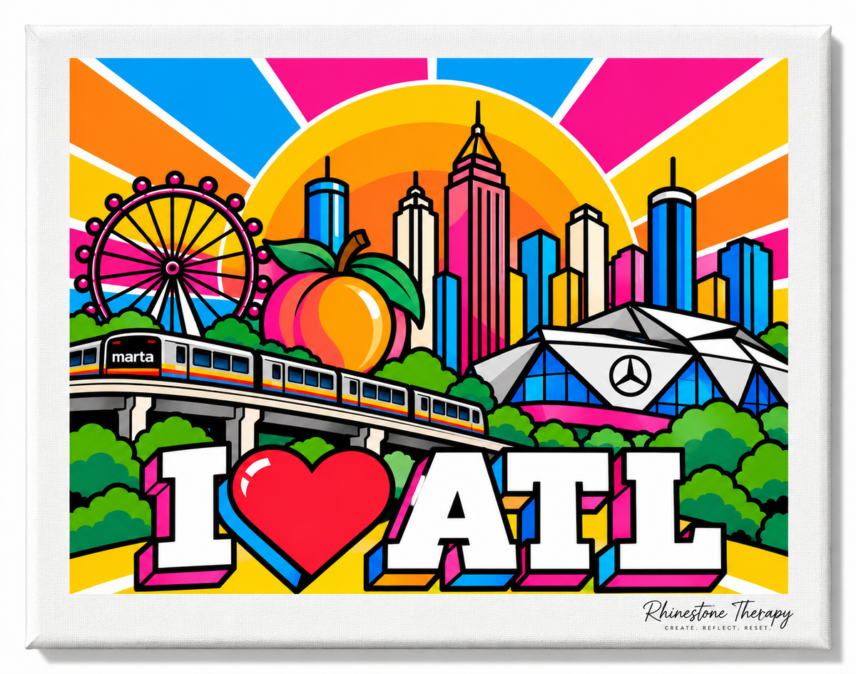 I Love ATL rhinestone canvas featuring Atlanta skyline, Georgia peach, MARTA train, Ferris wheel, and Mercedes-Benz Stadium in colorful pop art.