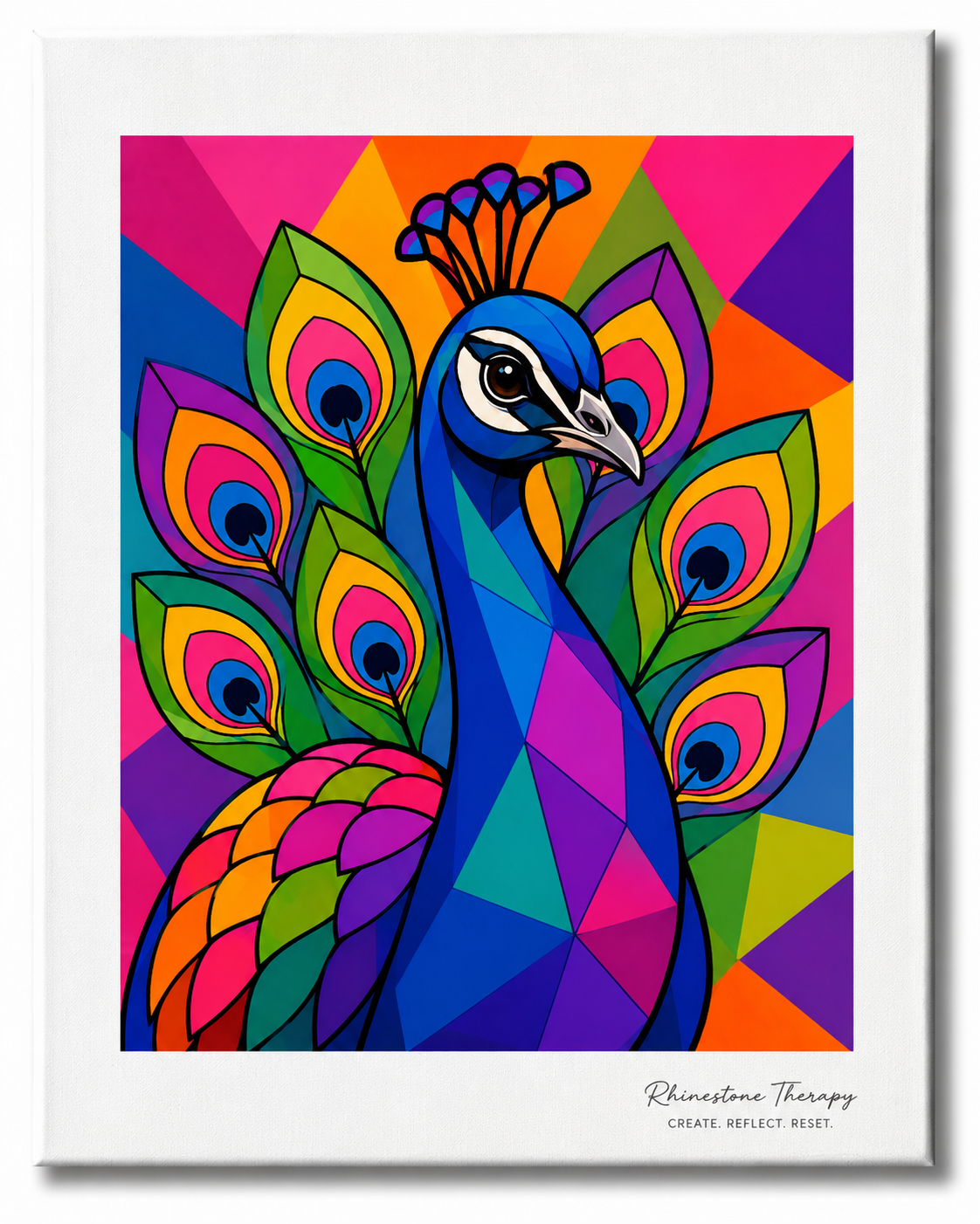 Colorful geometric peacock Wild in Color rhinestone art canvas