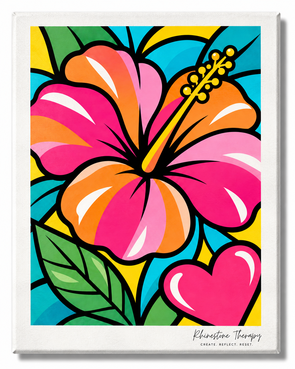 Summer hibiscus rhinestone art canvas in pink, coral, yellow, turquoise, and green
