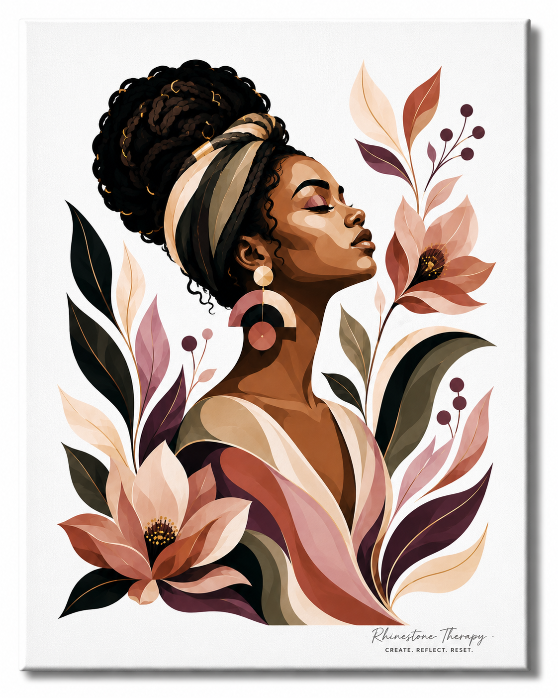 Unfolding Rhinestone Therapy canvas featuring a serene Black woman with a braided updo surrounded by terracotta, blush, plum, cream and olive botanical flowers.