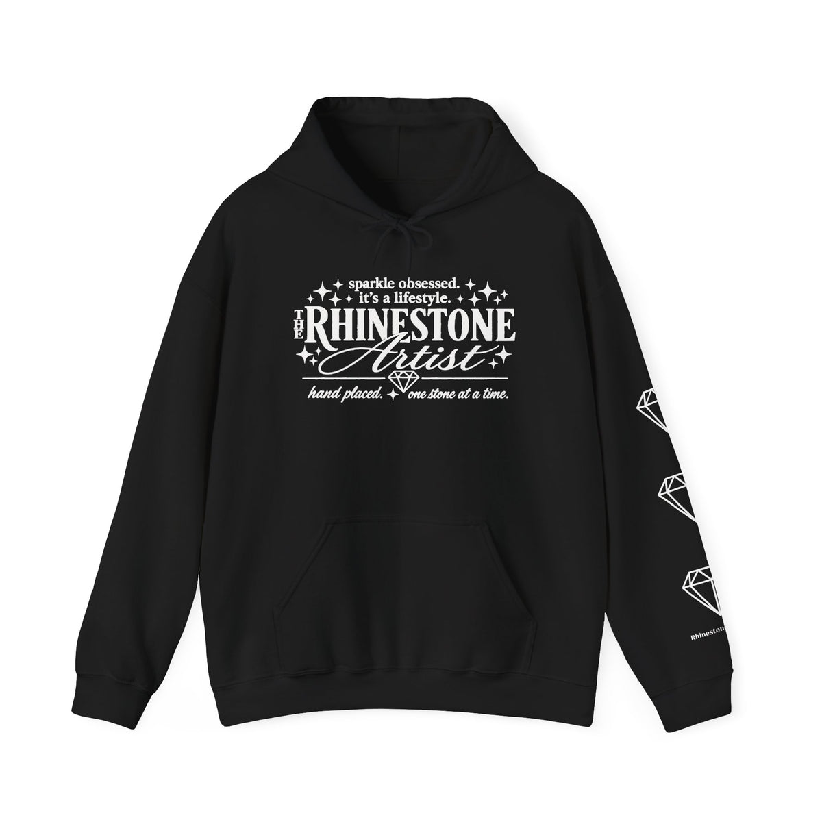 The Rhinestone Artist unisex hoodie with white rhinestone artist graphic and diamond sleeve design