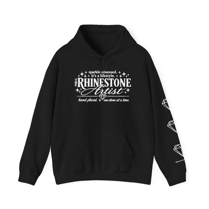 The Rhinestone Artist unisex hoodie with white rhinestone artist graphic and diamond sleeve design