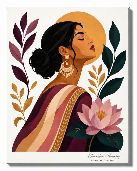 Becoming on My Own Terms Rhinestone Therapy canvas featuring a serene woman with a low bun, statement gold earrings, plum and cream clothing, a pink lotus, and deep teal botanicals.
