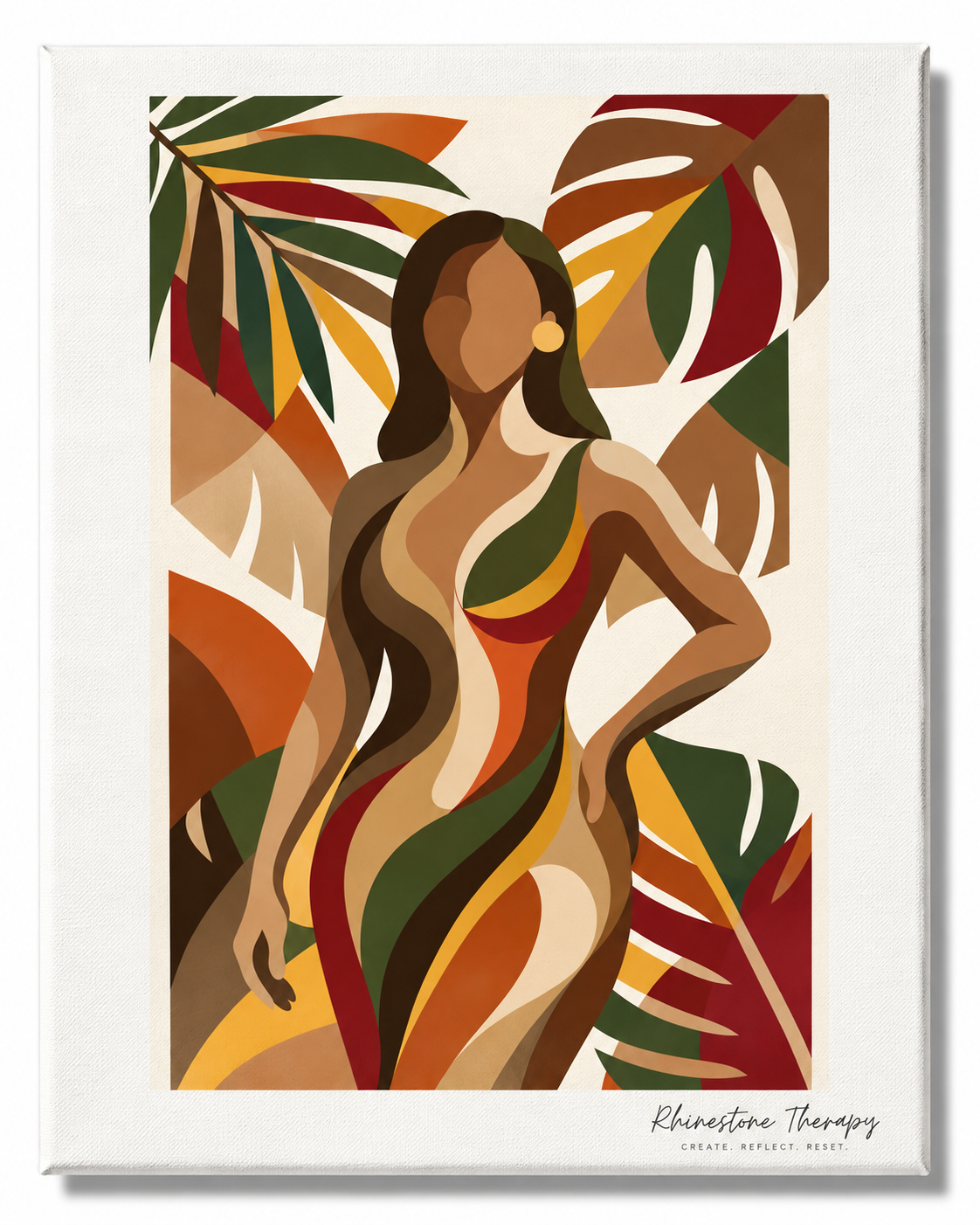 Rooted in Excellence 11x14 rhinestone art canvas featuring an abstract Black woman surrounded by flowing botanical shapes in brown, green, gold, orange, and burgundy.