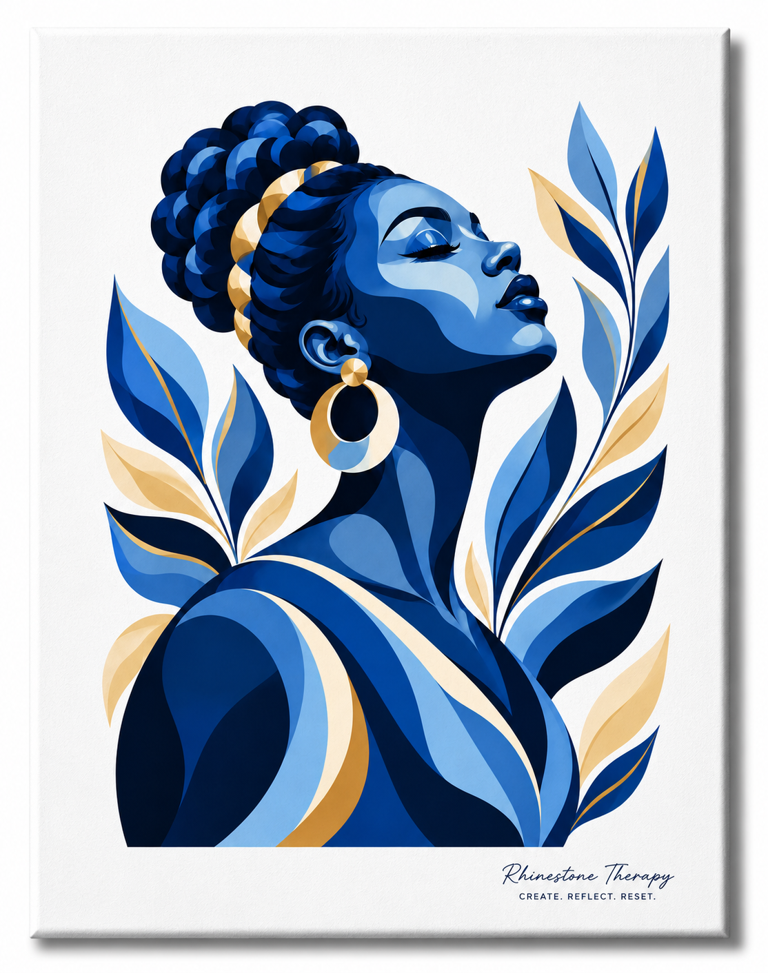 Blue Serenity Rhinestone Therapy canvas featuring a serene Black woman with a braided updo surrounded by flowing navy, cobalt, light blue, ivory and gold botanicals.