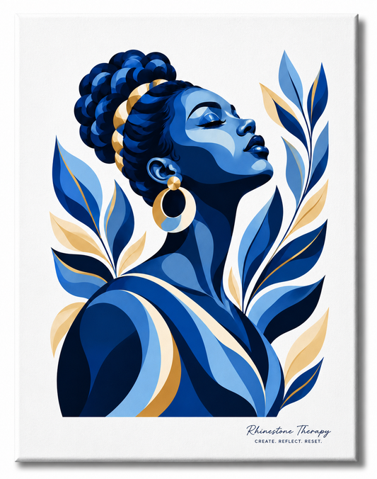 Blue Serenity Rhinestone Therapy canvas featuring a serene Black woman with a braided updo surrounded by flowing navy, cobalt, light blue, ivory and gold botanicals.