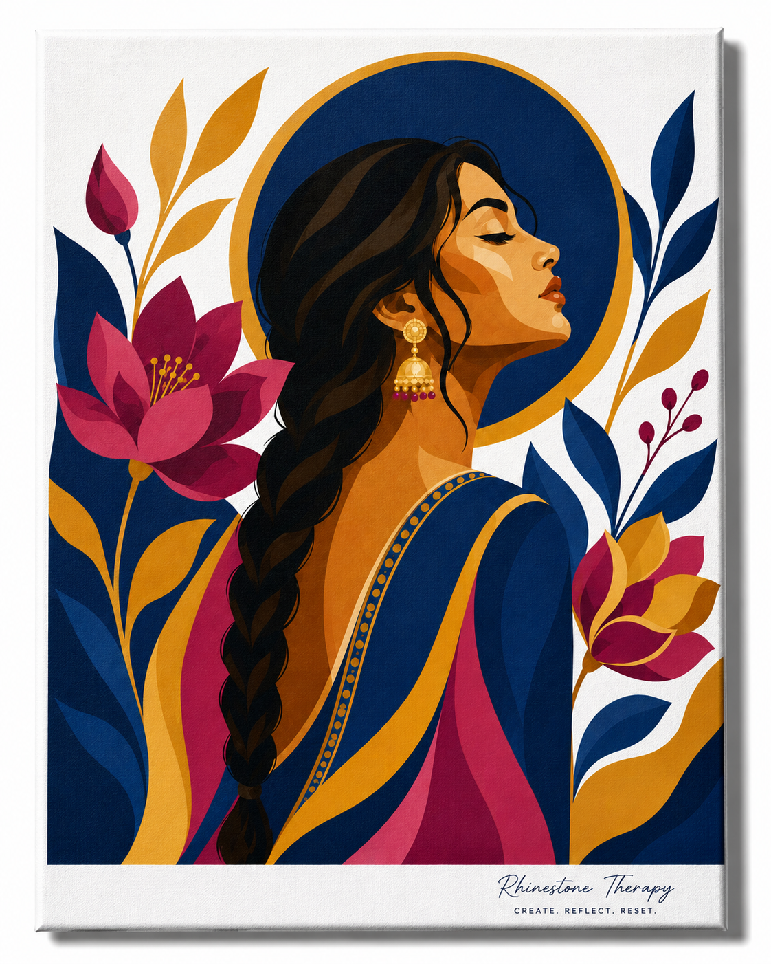 Choose Yourself Rhinestone Therapy canvas featuring a serene woman with a long dark braid surrounded by sapphire blue, magenta, marigold, gold, and floral details.