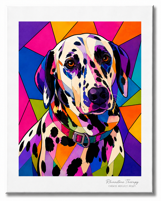 Colorful geometric Dalmatian 11x14 rhinestone art canvas from the Wild in Color collection by Rhinestone Therapy