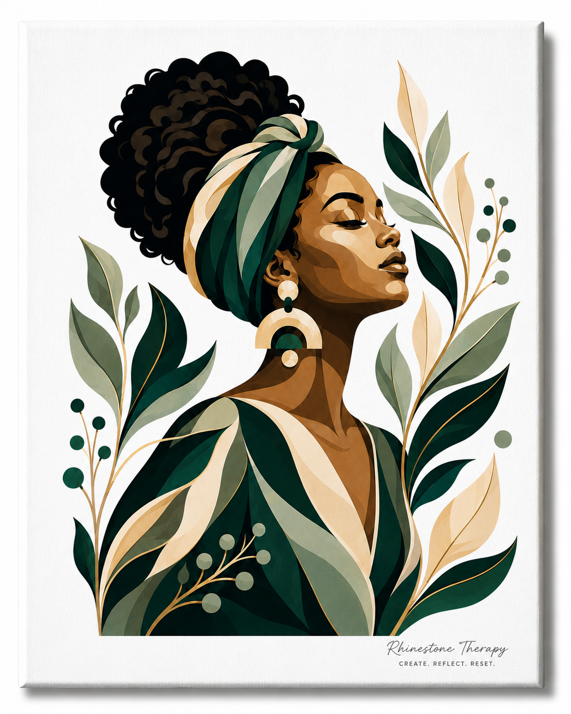 Deeply Rooted Rhinestone Therapy canvas featuring a serene Black woman with natural curls and a green headwrap surrounded by emerald, teal, sage, cream and gold botanicals.