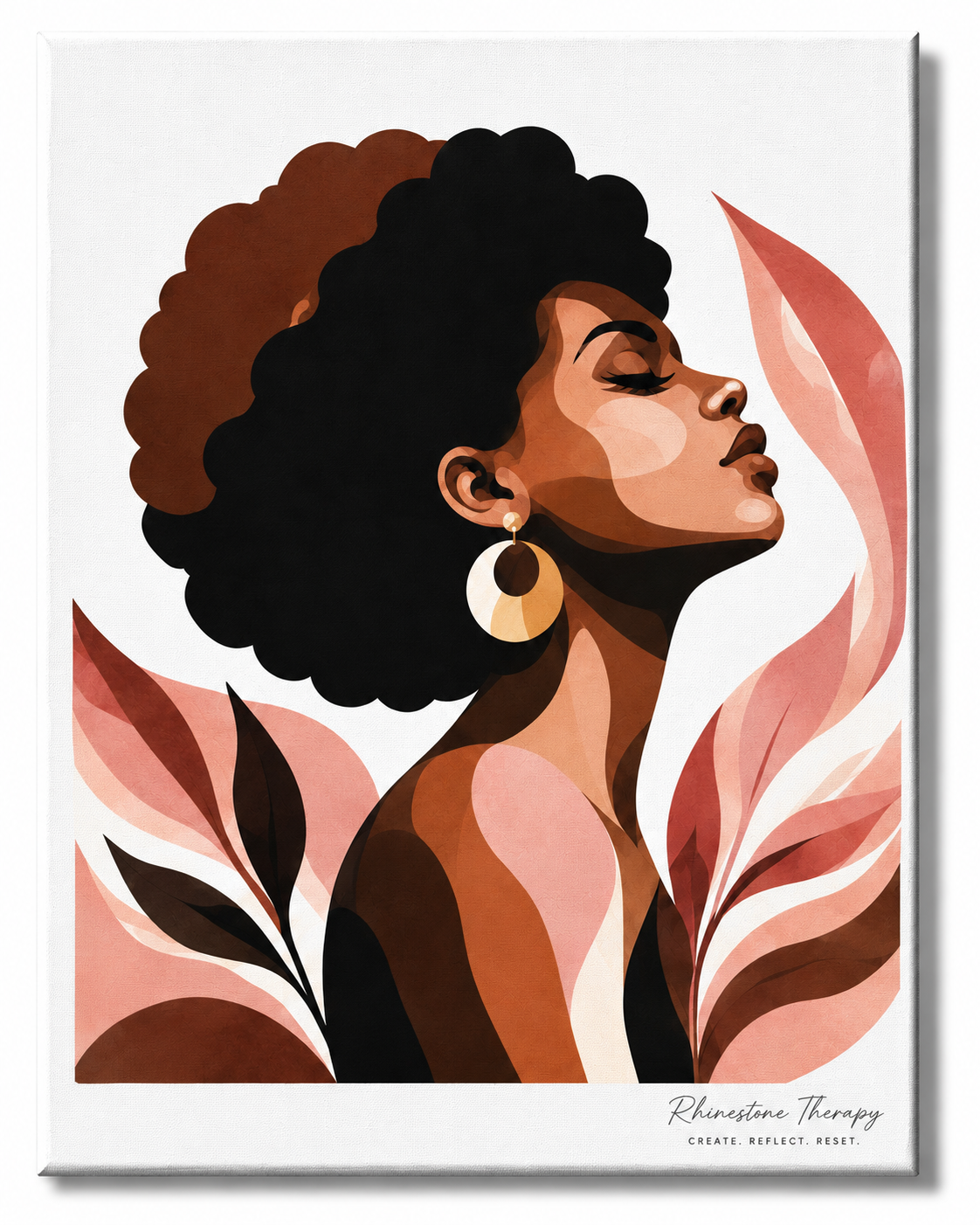 Fully Seen Rhinestone Therapy canvas featuring a serene Black woman with a natural afro surrounded by coral, dusty rose, terracotta, cream and chocolate botanicals.