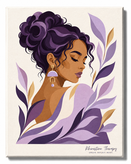 Handle Yourself Gently Rhinestone Therapy canvas featuring a serene vector-style woman with a curly plum updo surrounded by flowing lavender, lilac, deep purple, gold, and ivory botanicals.