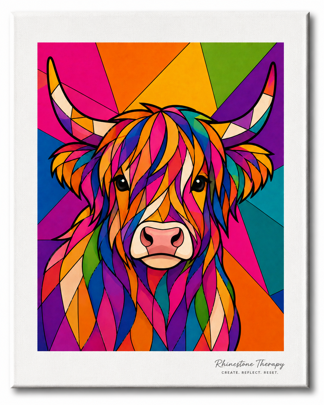 Colorful geometric Highland cow Wild in Color rhinestone art canvas