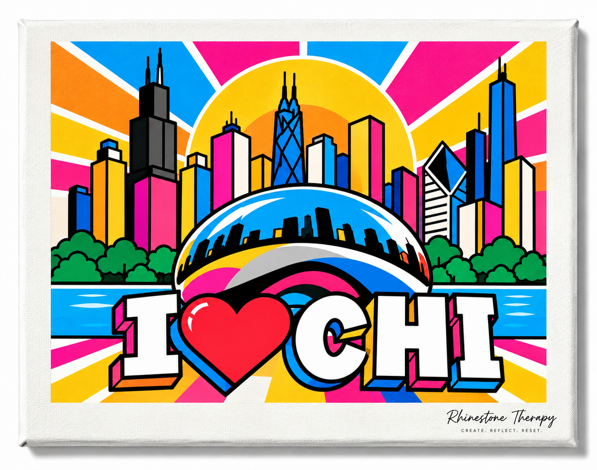 I Love CHI rhinestone canvas featuring Cloud Gate, Willis Tower, Chicago skyline, and bold colorful pop-art lettering.