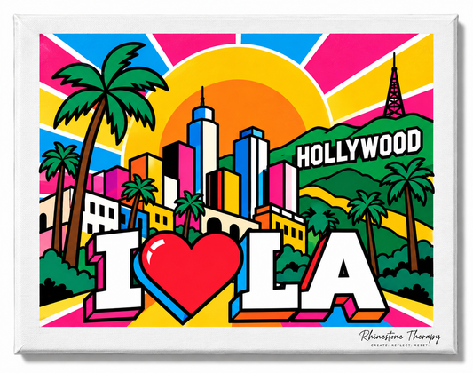 I Love LA rhinestone canvas featuring the Hollywood sign, Los Angeles skyline, palm trees, Hollywood Hills, and colorful pop-art design.