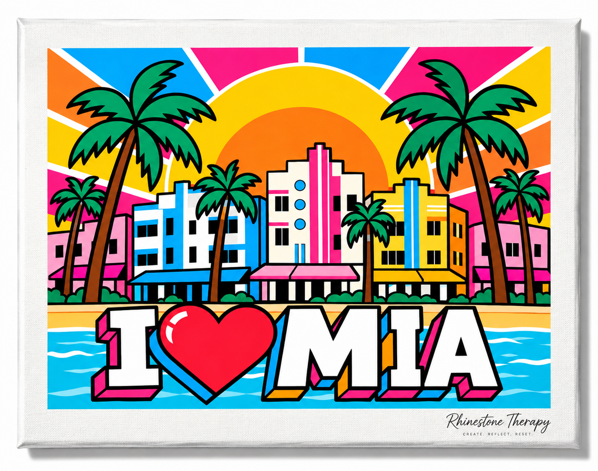  I Love MIA rhinestone canvas featuring colorful Miami Beach Art Deco buildings, palm trees, turquoise water, and tropical sunset.