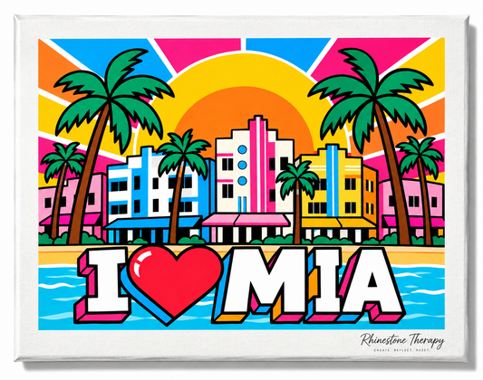  I Love MIA rhinestone canvas featuring colorful Miami Beach Art Deco buildings, palm trees, turquoise water, and tropical sunset.