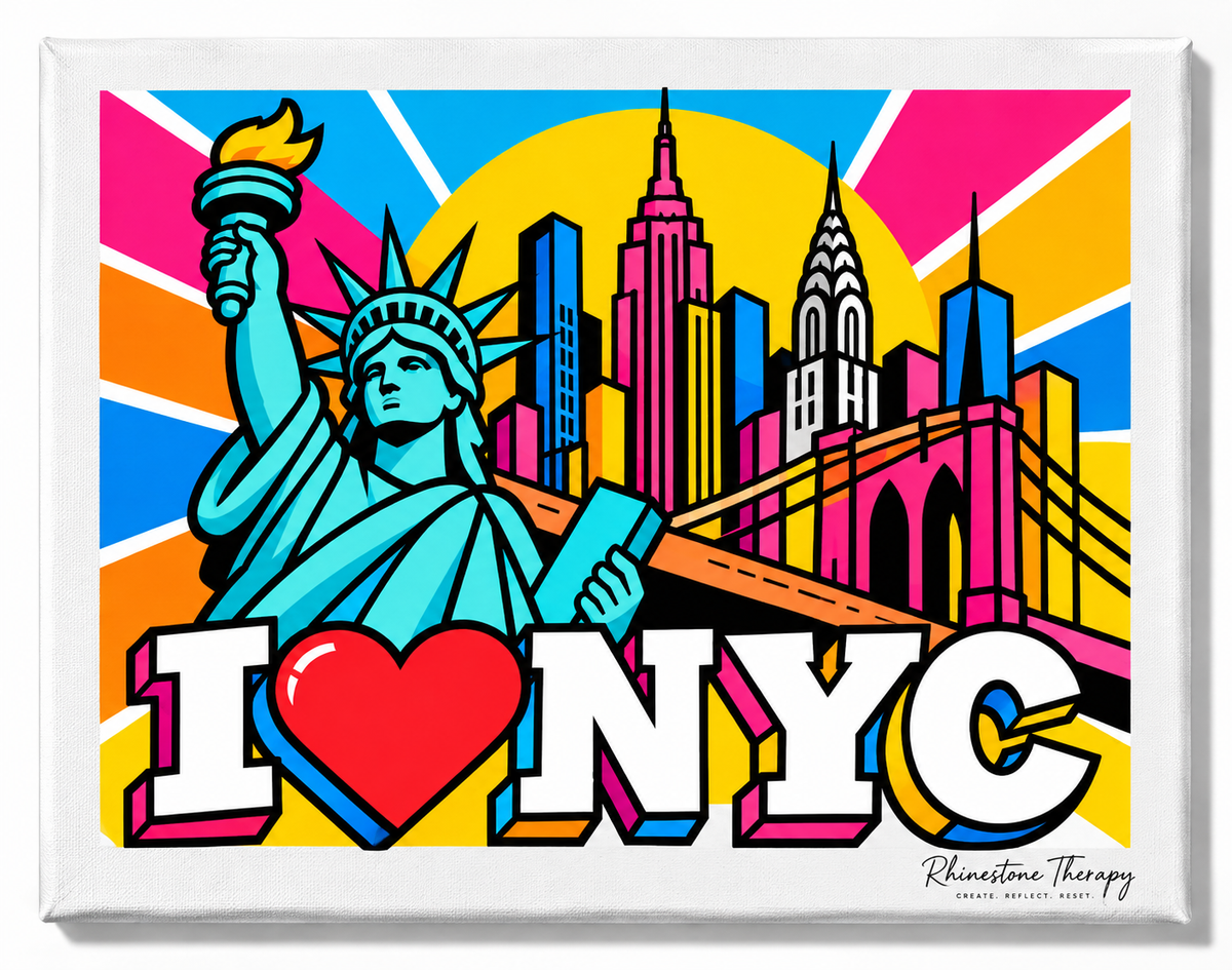 I Love NYC rhinestone canvas featuring the Statue of Liberty, Brooklyn Bridge, Empire State Building, and colorful New York City skyline.