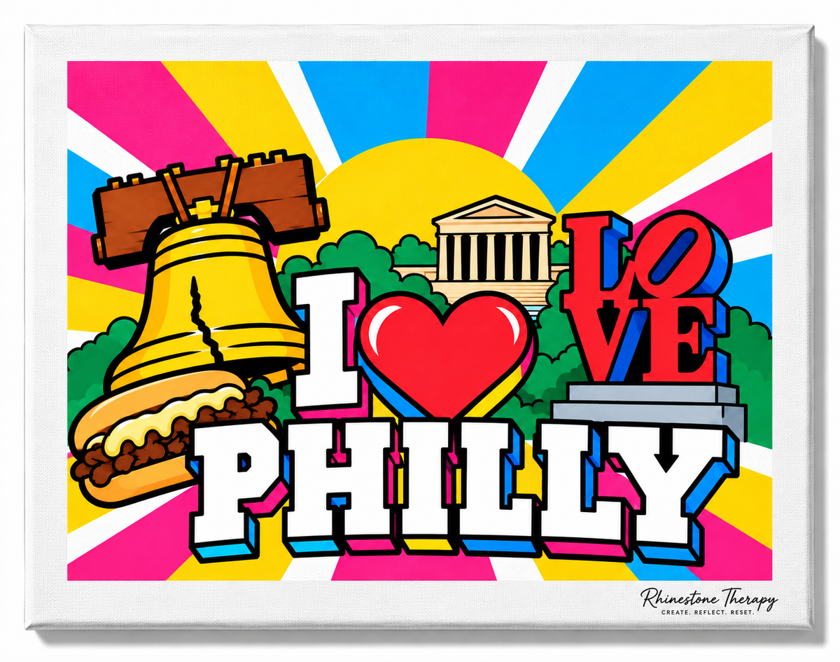 I Love Philly rhinestone canvas featuring the Liberty Bell, LOVE sculpture, Philadelphia Museum of Art, and Philly cheesesteak in colorful pop-art style.