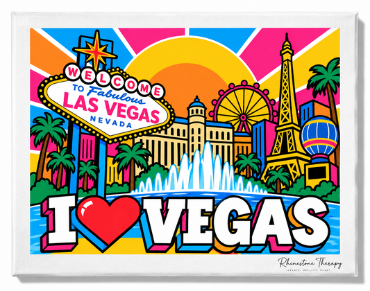 I Love Vegas rhinestone canvas featuring Las Vegas welcome sign, Eiffel Tower replica, High Roller observation wheel, fountains, and colorful skyline.
