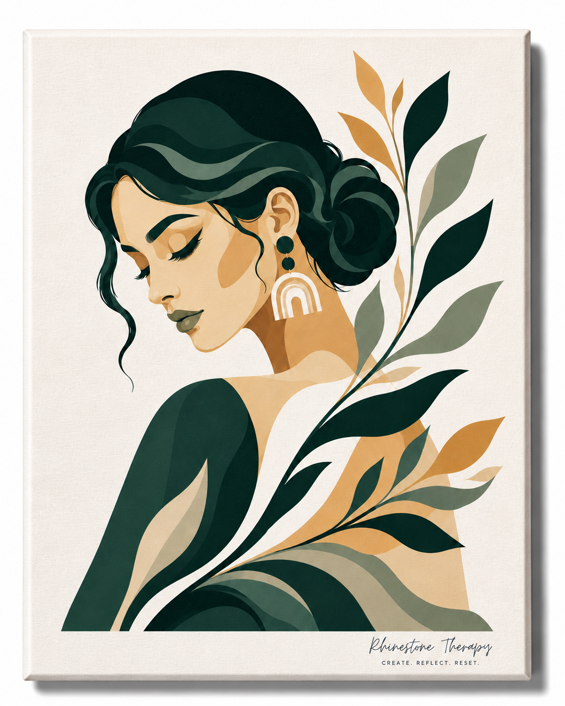 Let It Be Enough Rhinestone Therapy canvas featuring a serene vector-style woman with a low bun surrounded by flowing emerald, sage, gold, and cream botanical elements.