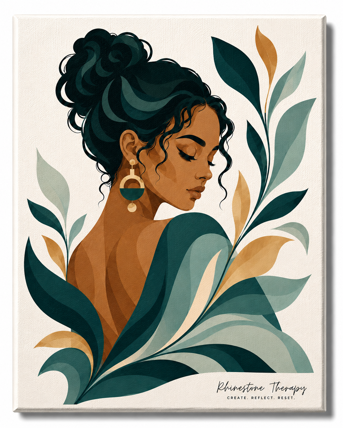 Look How Far You've Come Rhinestone Therapy canvas featuring a reflective vector-style woman with a curly updo surrounded by flowing deep teal, sea glass, sage, gold, and ivory botanicals.