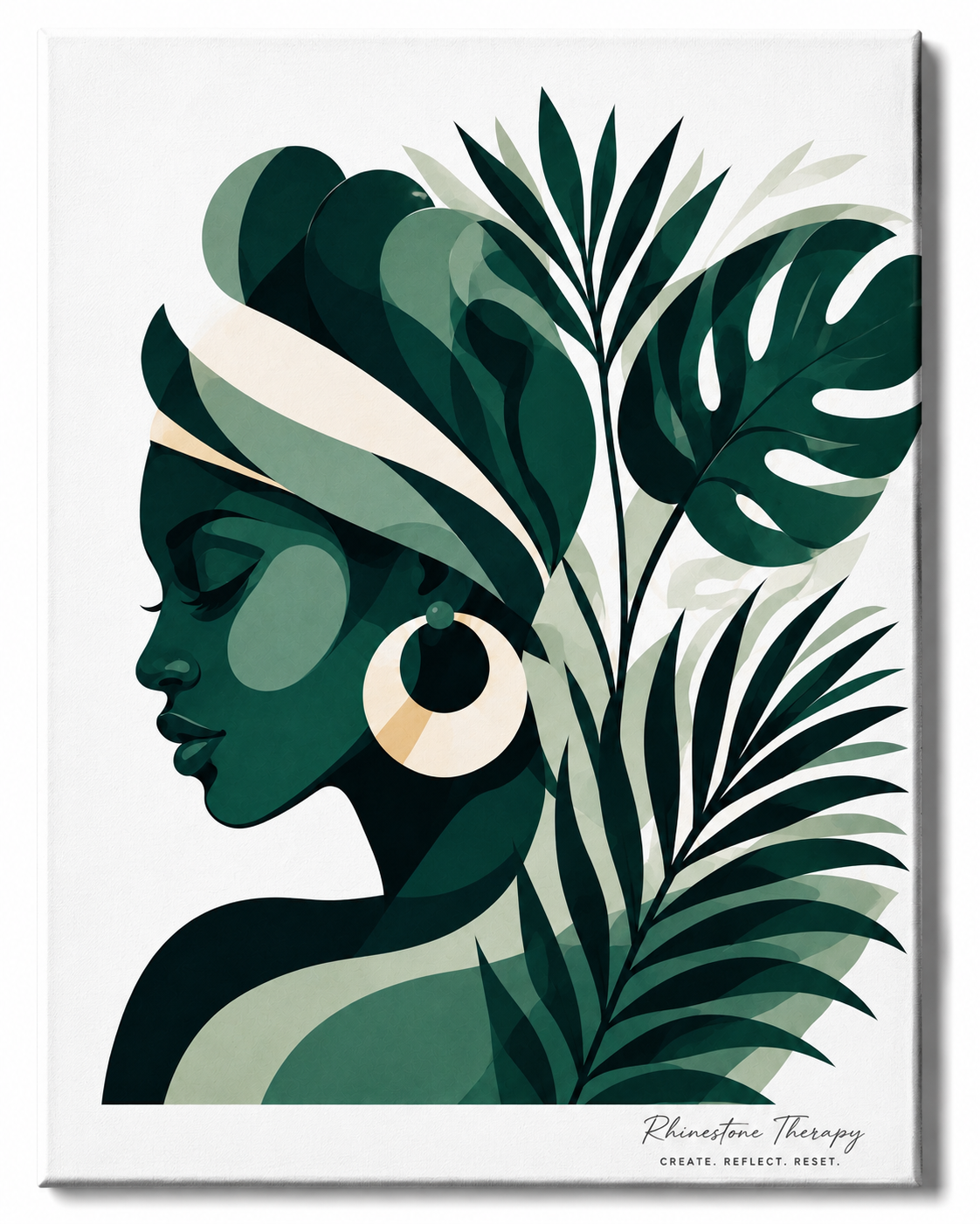 Make Room Rhinestone Therapy canvas featuring a serene Black woman in emerald and teal surrounded by large monstera leaves and tropical palm foliage.