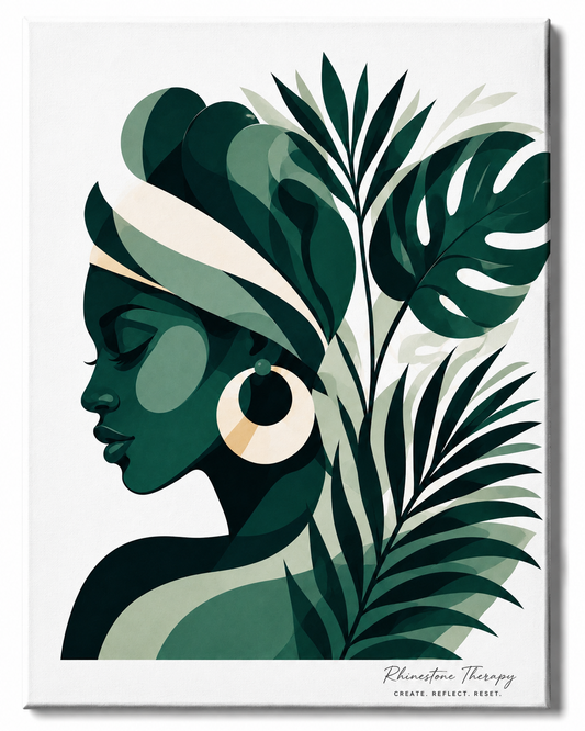 Make Room Rhinestone Therapy canvas featuring a serene Black woman in emerald and teal surrounded by large monstera leaves and tropical palm foliage.