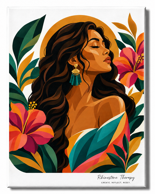 More for Me Rhinestone Therapy canvas featuring a serene woman with long flowing dark hair surrounded by vibrant coral flowers, turquoise and emerald leaves, and warm gold accents.