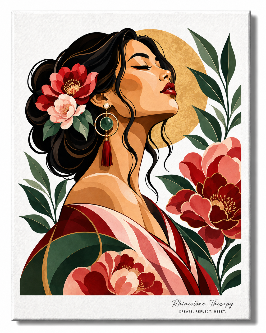 Own Your Story Rhinestone Therapy canvas featuring a serene woman with flowing dark hair surrounded by crimson flowers, deep jade foliage, blush accents, and warm gold details.