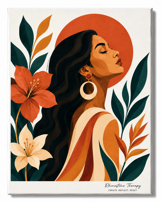Room to Become Rhinestone Therapy canvas featuring a serene woman with a flowing hair surrounded by deep teal, burnt orange, golden ochre, cream botanicals, and a warm amber sun.