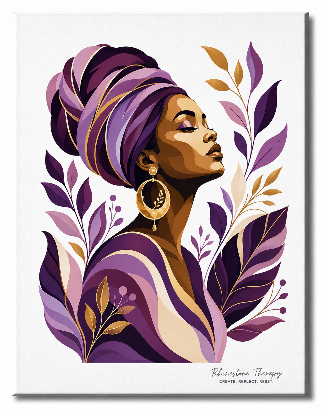 Royal Within Rhinestone Therapy canvas featuring a serene Black woman in a purple headwrap surrounded by plum, lavender, mauve, cream and gold botanical elements.