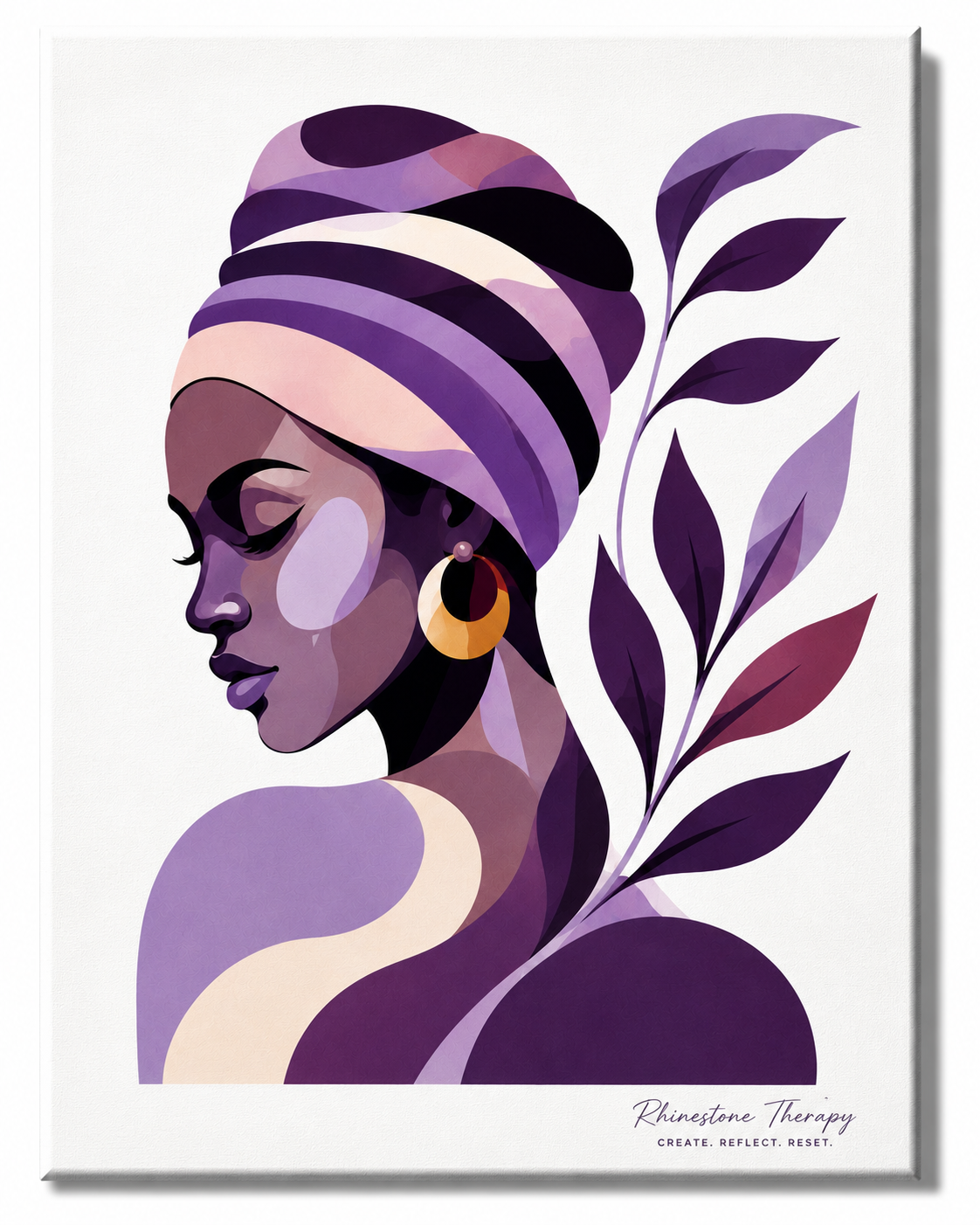 Sacred Pause Rhinestone Therapy canvas featuring a contemplative Black woman in a layered purple headwrap surrounded by plum, lavender and mauve botanicals.