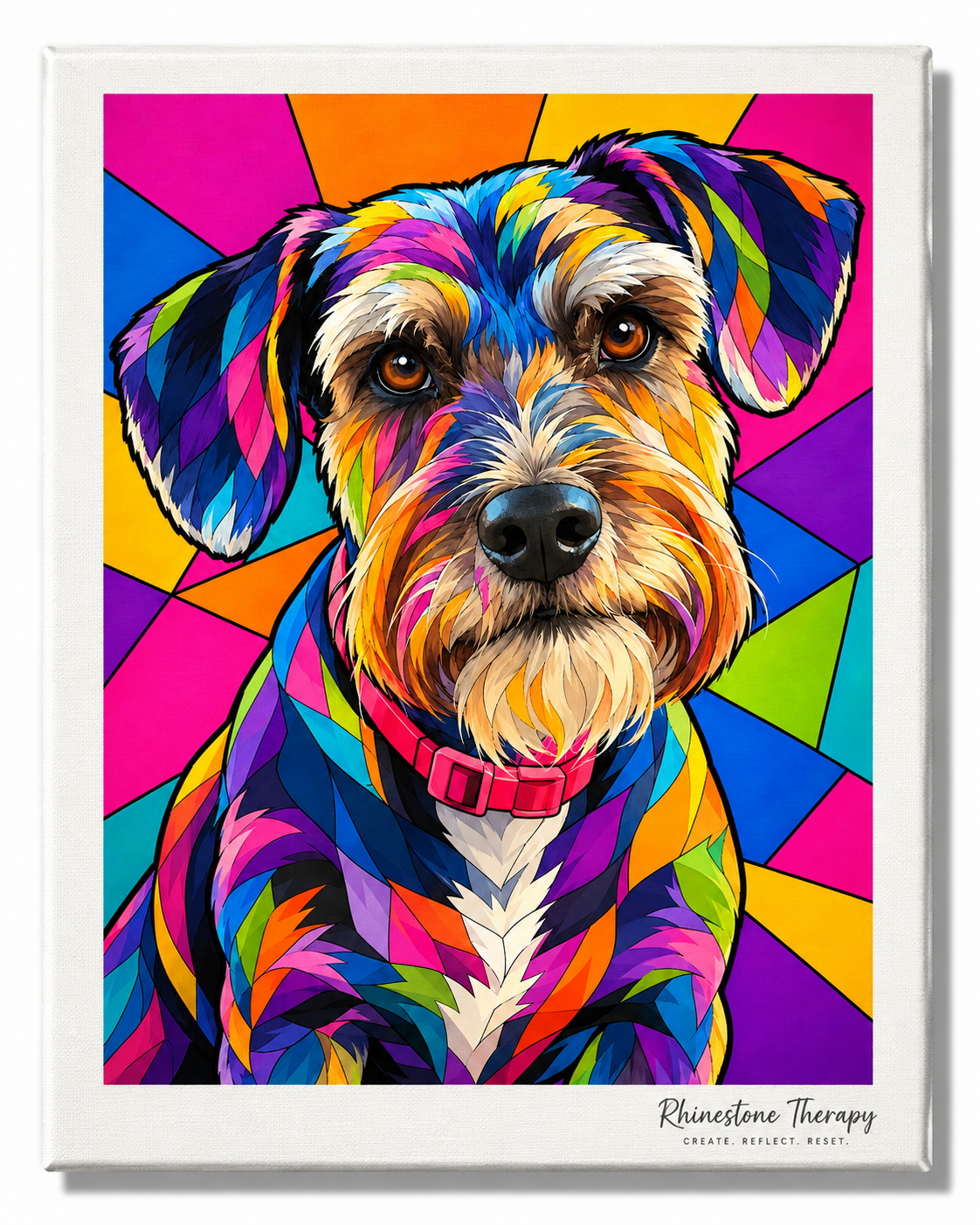 Colorful geometric Schnauzer rhinestone art canvas featuring expressive brown eyes, a detailed beard, and bold rainbow colors.