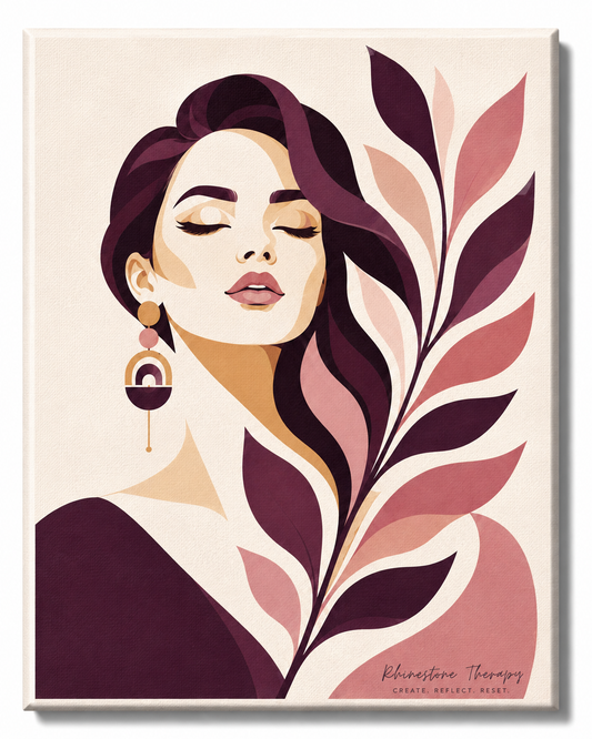 Soft Is Still Strong Rhinestone Therapy canvas featuring a serene vector-style woman with closed eyes, flowing plum hair, statement earrings, and sweeping burgundy, dusty rose, blush, and cream botanicals.