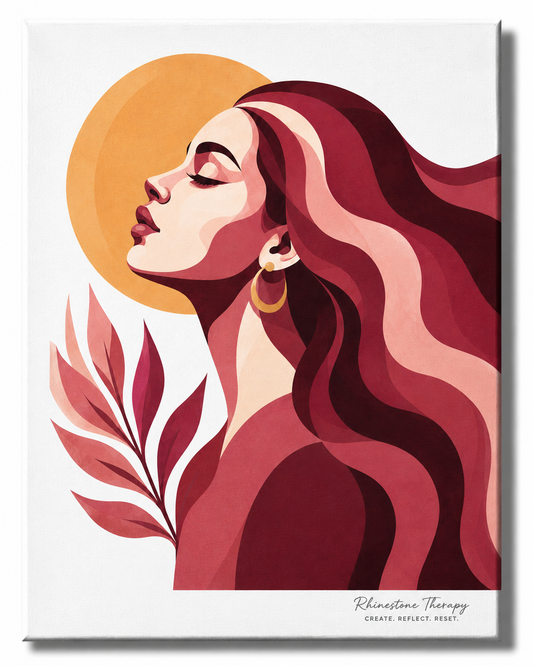 Soft Power Rhinestone Therapy canvas featuring a serene woman with flowing burgundy, berry and blush hair, gold accents and graceful botanical leaves.