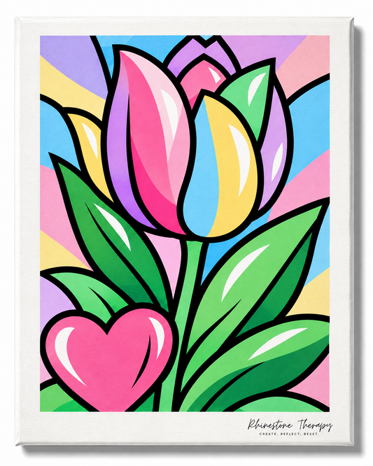 Spring tulip rhinestone art canvas in pink, purple, yellow, blue, and green
