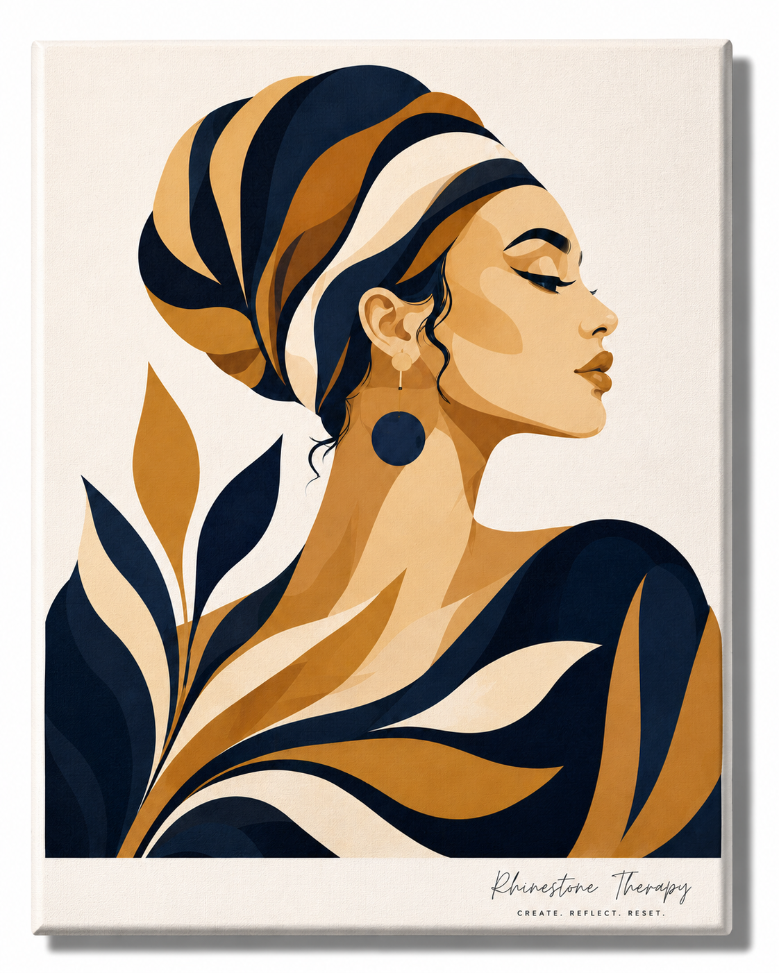 Stand in Your Knowing Rhinestone Therapy canvas featuring a serene vector-style woman in profile wearing a flowing navy, gold, and ivory headwrap surrounded by stylized botanical shapes.