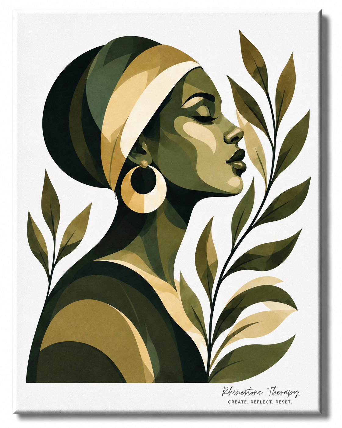 Still Growing Rhinestone Therapy canvas featuring a serene Black woman in an olive and cream headwrap surrounded by sage, moss and gold botanical branches.