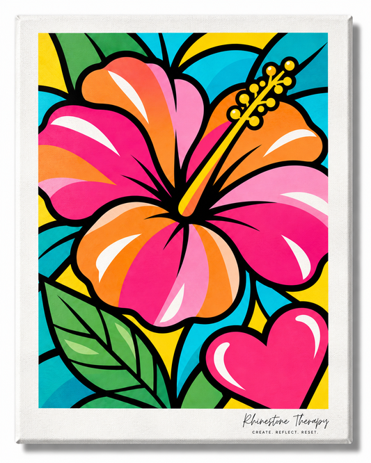 Summer hibiscus rhinestone art canvas in pink, coral, yellow, turquoise, and green