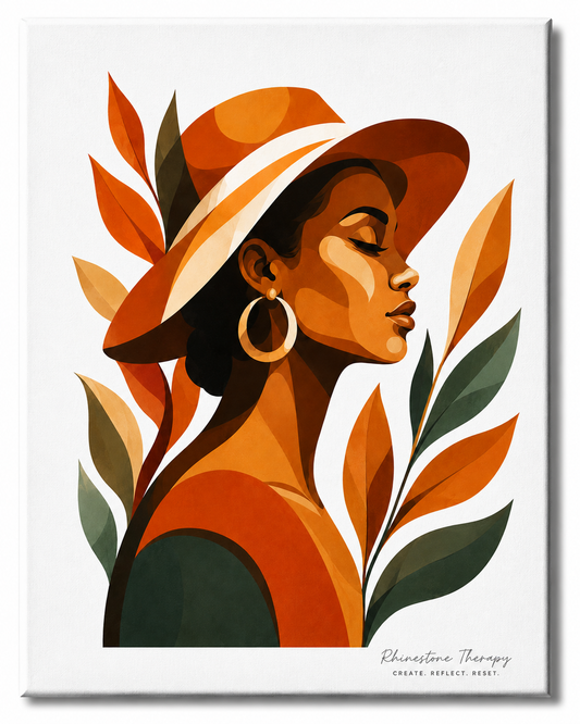 Sun Chaser Rhinestone Therapy canvas featuring a Black woman in a wide-brimmed orange hat surrounded by burnt orange, amber, cream and olive botanicals.