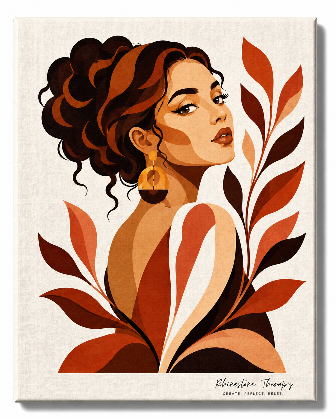 Take Up Your Space Rhinestone Therapy canvas featuring a confident vector-style woman looking over her shoulder with a voluminous curly updo, statement earring, and flowing terracotta, rust, cream, and espresso botanicals.