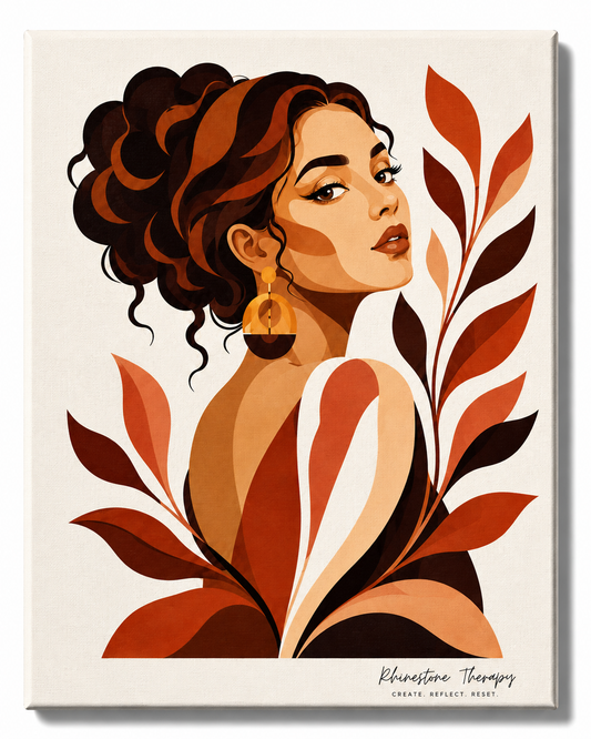 Take Up Your Space Rhinestone Therapy canvas featuring a confident vector-style woman looking over her shoulder with a voluminous curly updo, statement earring, and flowing terracotta, rust, cream, and espresso botanicals.