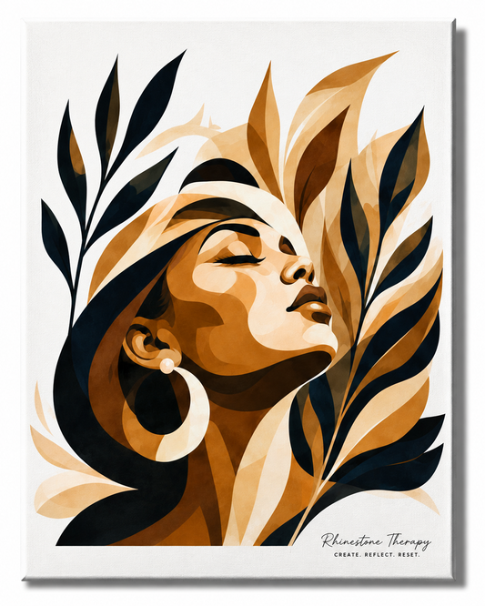 Unapologetically Her Rhinestone Therapy canvas featuring a confident Black woman surrounded by flowing navy, caramel, champagne and cream botanicals.