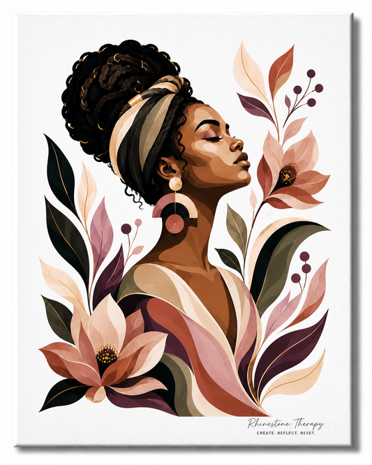 Unfolding Rhinestone Therapy canvas featuring a serene Black woman with a braided updo surrounded by terracotta, blush, plum, cream and olive botanical flowers.