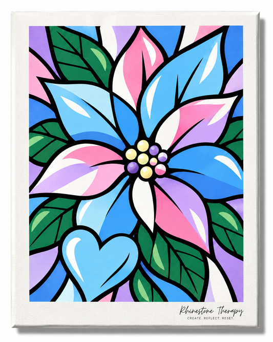 Winter poinsettia rhinestone art canvas in blue, lavender, pink, white, and green
