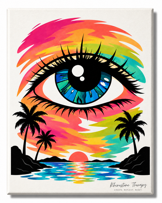 Clarity colorful eye and sunset 11x14 rhinestone art canvas from the Rhinestone Artist Studio collection